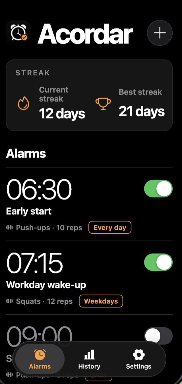 Acordar alarm list showing push-up and squat alarms with current and best streaks